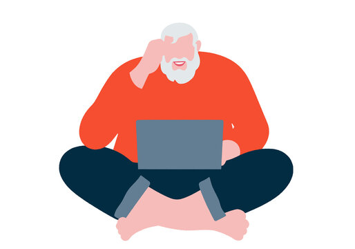 Elderly man with a laptop sitting cross-legged on a white background. Illustration