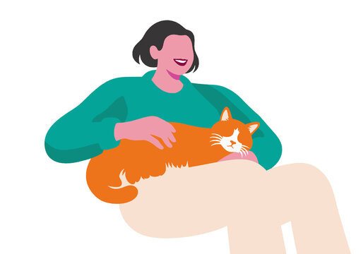 A woman sits smiling while holding a content orange cat on their lap. Illustration