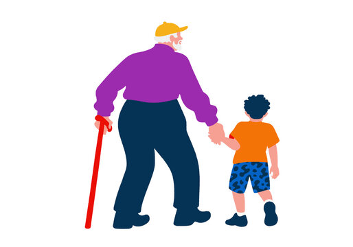 Elderly man and a young child walking hand in hand, isolated on a white background. Illustration
