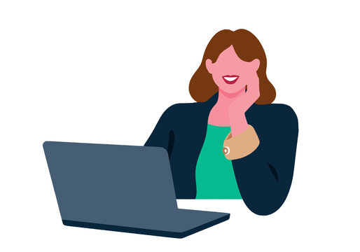 Illustration of a smiling person with a laptop on a white background.  Illustration