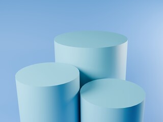 3 product display stands in pastel blue, minimalist style, focusing on displaying products in order, from high-priced products to affordable prices.