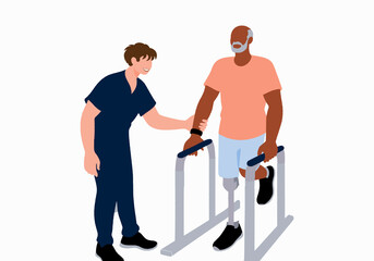 A physiotherapist assists a man with a prosthetic leg using parallel bars. Illustration