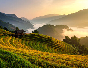 Golden rice terraces of northern Vietnam cascading down the hills under a soft misty morning sky.