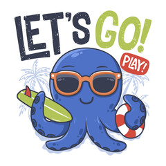 Cool octopus surfing hand drawn illustration , ready for print on t-shirt and other uses. © Clushy