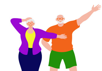 Cheerful older couple posing with vibrant clothing and a joyful expression on a white background. Illustration