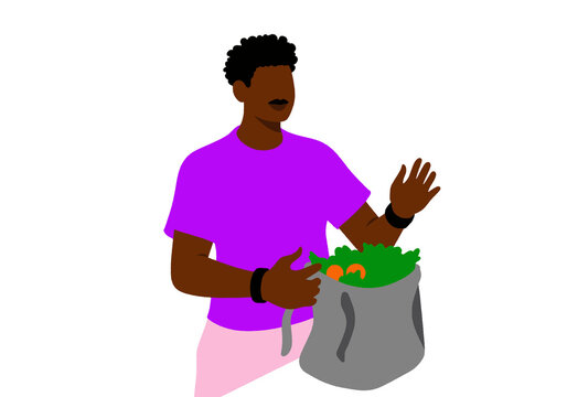A person holding a bag of fresh produce, gesturing with one hand. Illustration