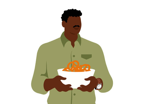 Man with a mustache holding bowl of pretzels, wearing green shirt and watch. Illustration