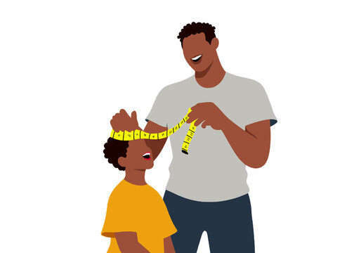An adult measuring a child's height with a yellow tape measure in a cheerful moment. Illustration