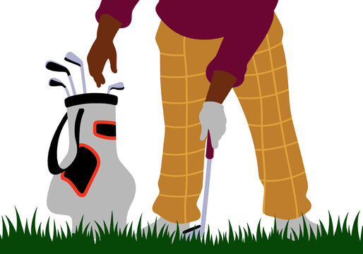 Golfer prepares to swing beside a golf bag in tall grass on a clear day. Illustration