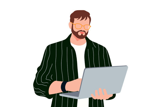 Man using a laptop while standing with a focused expression. Illustration