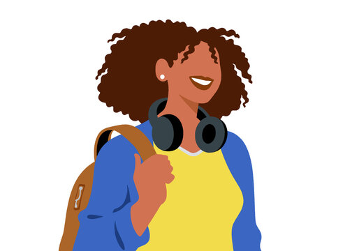 Smiling woman with curly hair, wearing headphones and holding a backpack. Illustration
