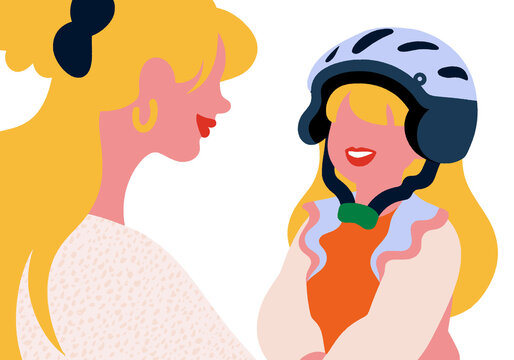Illustration of two people with long blonde hair, one wearing a helmet, smiling at each other. Illustration