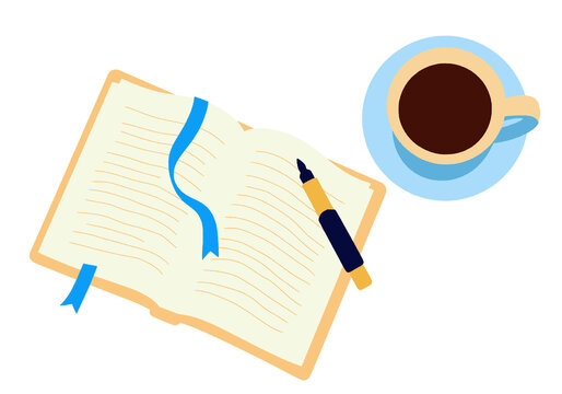 Open book with blue ribbons, pen, and cup of coffee on a white background. Illustration
