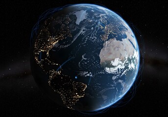 Planet Earth and Moon in Space with Stars and Clouds