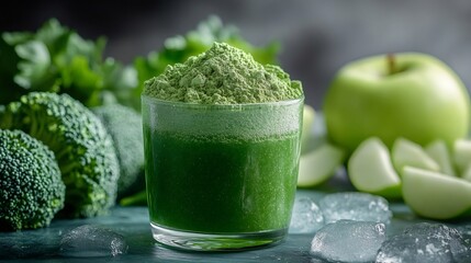Green detox superfood powder in a glass with fresh vegetables and ice