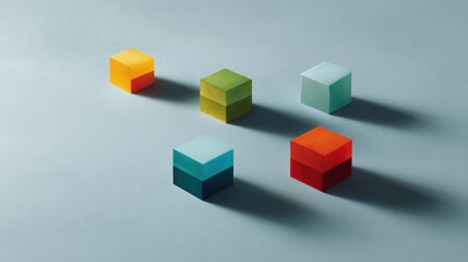 Fototapeta premium Floating multicolor geometric shapes casting shadows on a minimalist surface, symbolizing abstract thinking and ideas with empty space