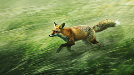 Obraz premium Wild Fox Sprinting Through Meadow – Motion Blur Countryside