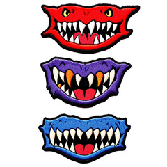 Naklejka premium Three Colorful Monster Mouth Patches with Sharp Teeth on Black Background