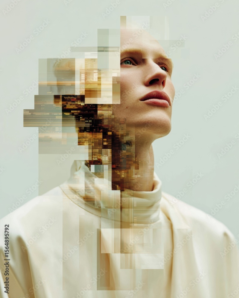 Aufkleber Futuristic Portrait of Male Model with Digital Glitch Effect and Minimalist Styling in Abstract High-Tech Conceptual