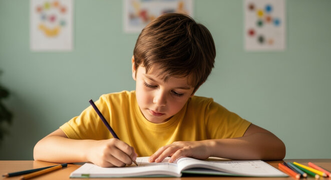 Focused young boy in yellow shirt sitting at desk doing homework with colored pencils, studying attentively in well lit classroom with pastel walls