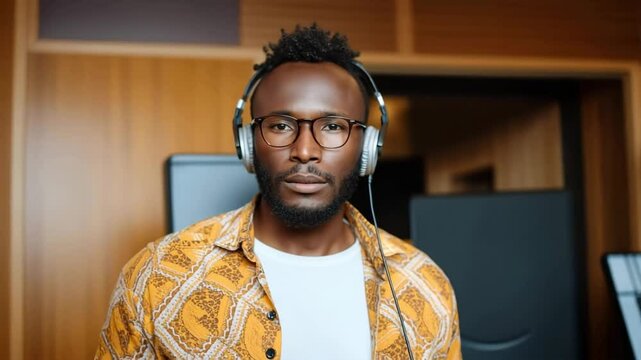 Focused music producer enjoying beats in modern recording studio