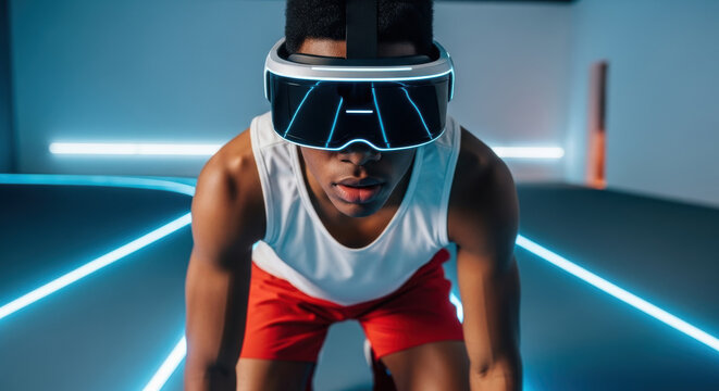 Focused young athlete wearing futuristic virtual reality headset prepares for digital sprint, merging sports training with immersive technology in modern interactive environment