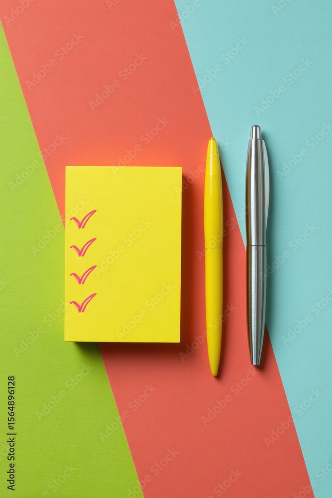 Poster colorful checklist and pens on vibrant geometric background for task management and productivity - m