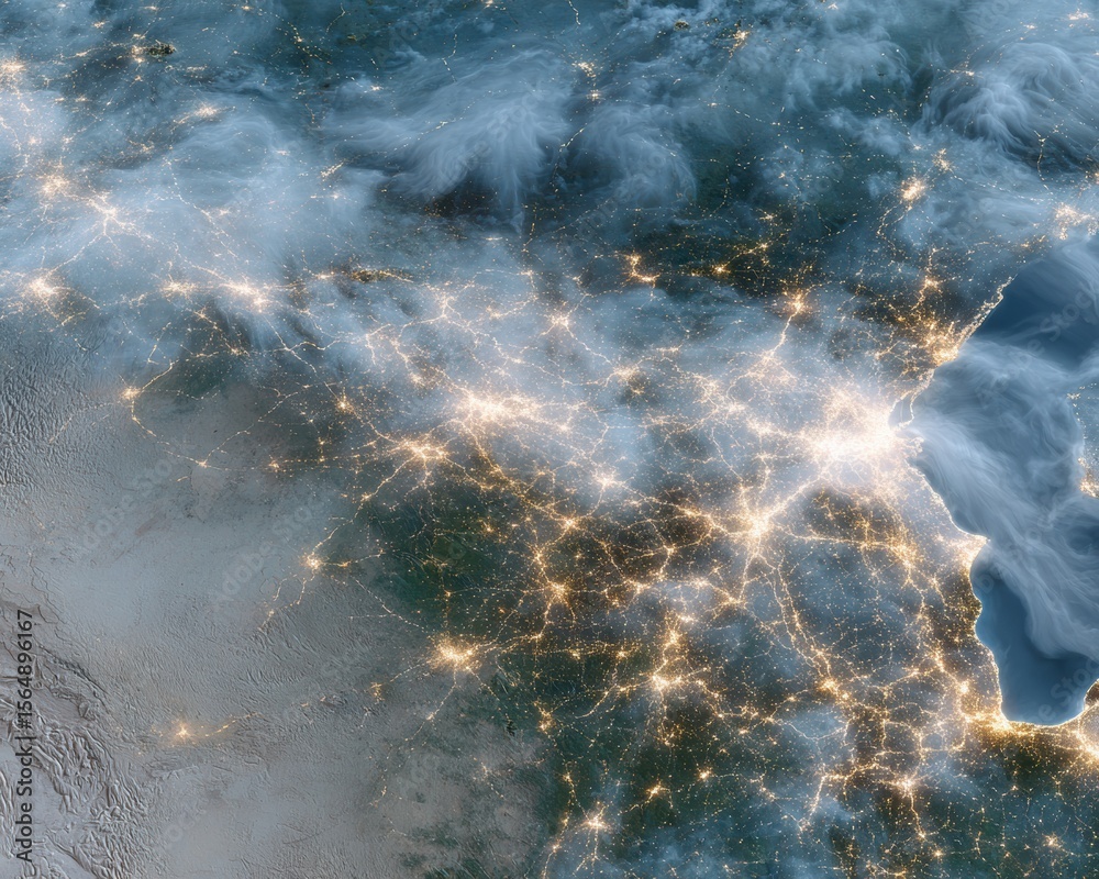 Poster high-precision hd map of north america at night with illuminated cities and visible borders highligh