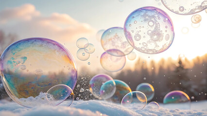Soap bubbles fly in the air against the background of a beautiful sunset.