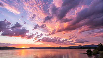 Vibrant Sunset Over Still Lake Reflecting the Dramatic Sky with Pink and Purple Clouds Over Distant Mountains and Lush Greenery