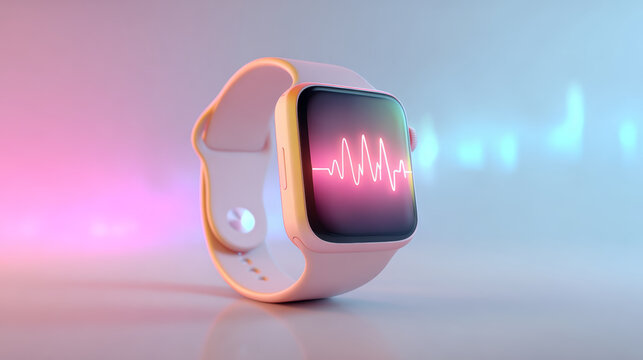 A pink smartwatch showcasing a live heartbeat monitor with a colorful gradient background.