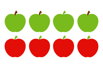 Four green apples and four red apples arranged in rows isolated on transparent background