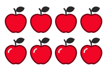 Eight red apples with dark stems and leaves isolated on transparent background