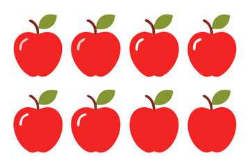 Eight simple red apples with green leaves isolated on transparent background