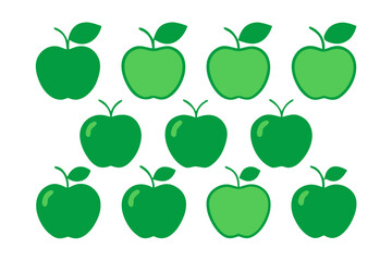 Collection of green apples with leaves isolated on transparent background