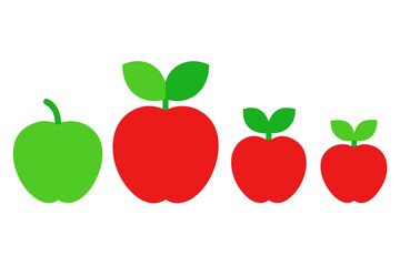 Four stylized apples in varying sizes and colors isolated on transparent background