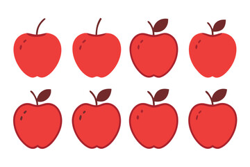 Collection of eight red apples with stems and leaves isolated on transparent background