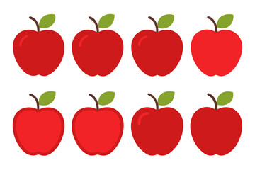 Eight identical red apples with green leaves isolated on transparent background