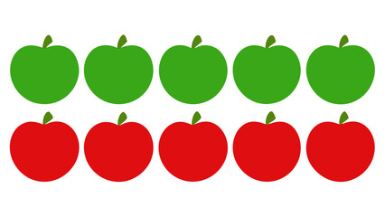 Ten colorful apples arranged in two rows isolated on transparent background