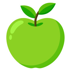 A bright green apple with two leaves and a stem isolated on transparent background