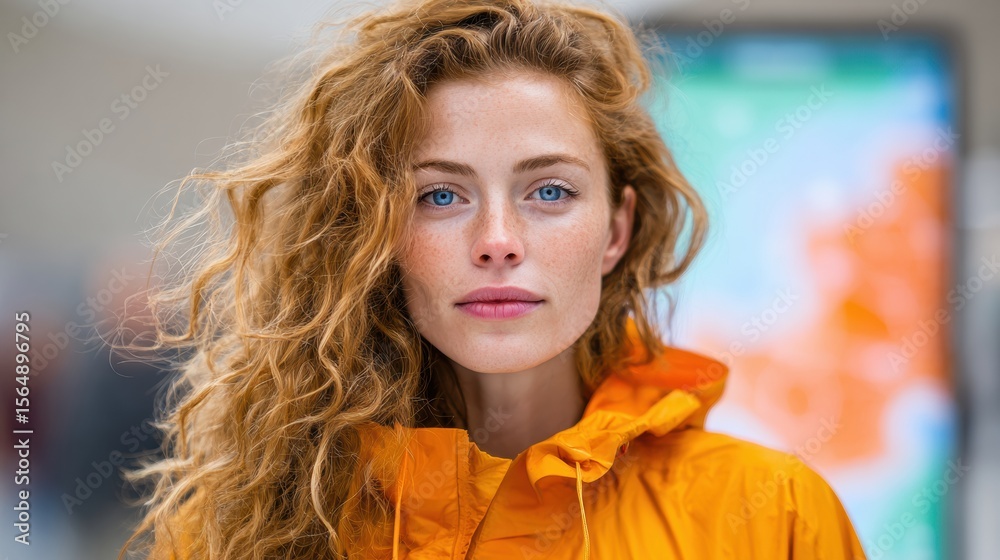 Poster Young Woman in Orange Weather Jacket with Digital Forecast Display in Background for Modern Climate Monitoring and Real-Time Data Analysis