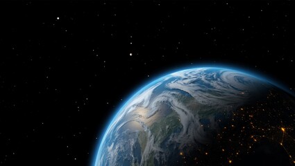 Planet, Earth, space — a breathtaking high-resolution image reveals Earth's curved horizon against deep space, showcasing glowing city lights, swirling clouds, oceans, continents, and the delicate blu