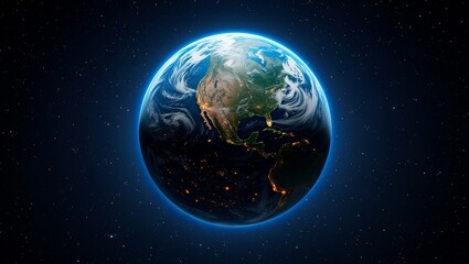 Planet, Earth, space — a breathtaking high-resolution image reveals Earth's curved horizon against deep space, showcasing glowing city lights, swirling clouds, oceans, continents, and the delicate blu