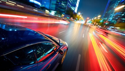 Speed, motion, and urban energy define this dynamic scene—a silver sports car races through a glowing nighttime city, its sharp form contrasting with blurred lights and reflections on glistening wet a
