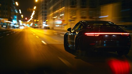Speed, motion, and urban energy define this dynamic scene—a silver sports car races through a glowing nighttime city, its sharp form contrasting with blurred lights and reflections on glistening wet a