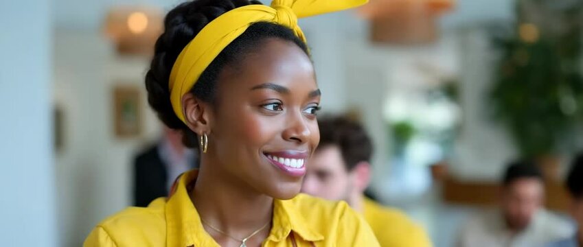 Engaging smiling woman in bright room with yellow headband and shirt