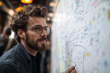 Businessman brainstorming and putting his ideas on a whiteboard, collaborating with his team to devise strategies for the future, Generative AI