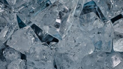 Ice, frozen, cold, transparent, clear – a close-up view of crushed ice pieces, glistening with light, showing sharp texture and natural beauty, ideal for cooling drinks, food styling, or backgrounds.
