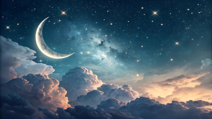 Dreamy Crescent Moon Over Golden Clouds A Celestial Symphony of Stars and Light, Evoking Serenity and Wonder in the Night Sky