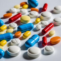 Medicine, pills, tablets, colorful, assorted, vibrant, diverse, shapes, sizes, hues, blues, reds, yellows, oranges, arranged, artfully, white background, crisp, pure, subtle shadows, gentle highlights